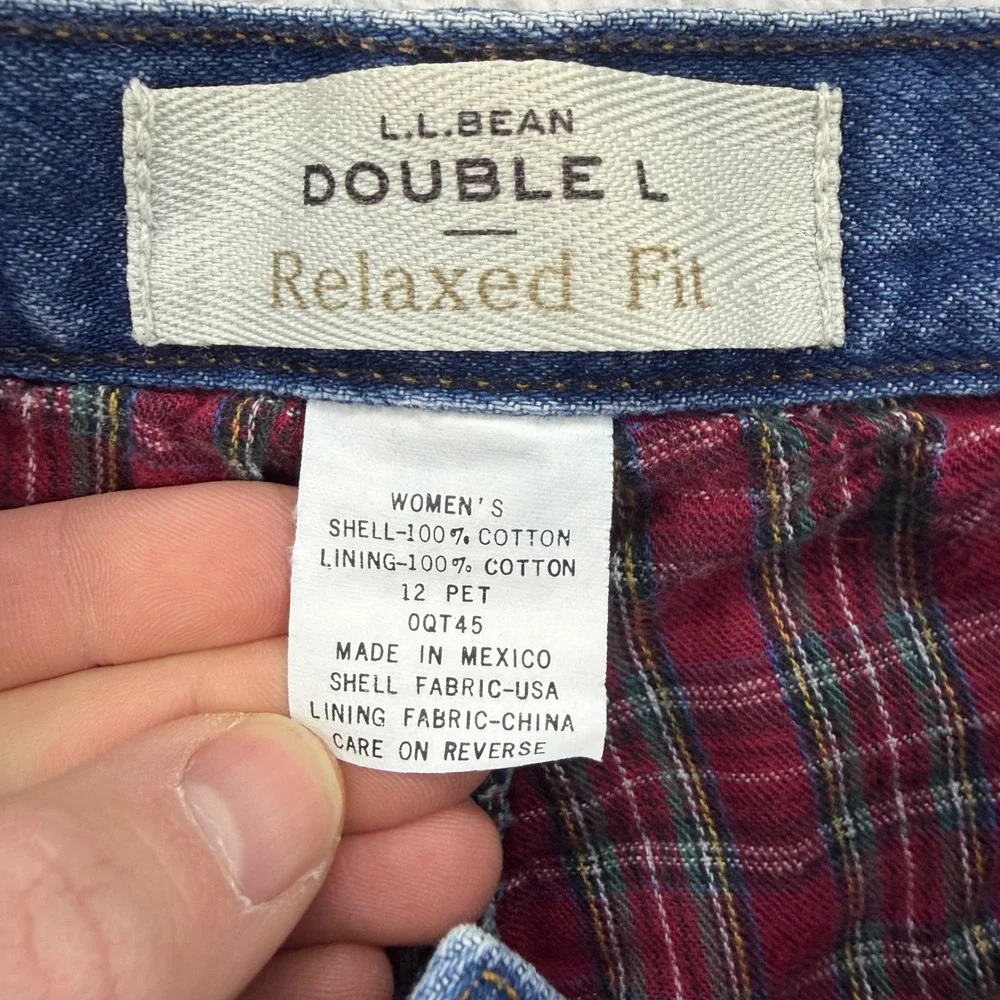 LL Bean Double L Relaxed Fit Flannel Lined Jeans Blue Plaid Womens‎ 12 Pet